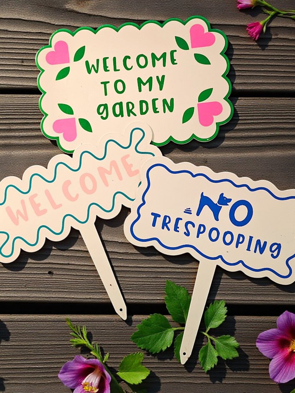 Set of 3 - Welcome & Funny Metal Garden Stake Signs, Yard Art Decor